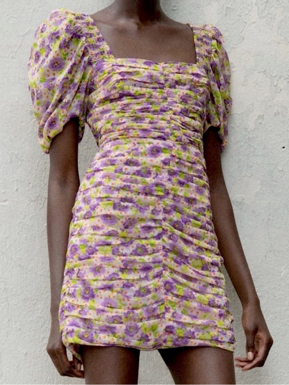 ZARA Floral Ruched Puff Sleeve Mini Dress Size M